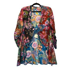Johnny Was Reversible Lapham Ryder Coat Waterfall Front Ruched Sleeves Floral Pr